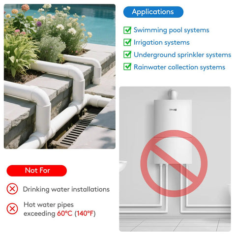Diagram showcasing 20 Pack 3/4 Inch PVC Coupling Fittings Socket To Socket Schedule 40 for irrigation systems, not for hot water pipes.