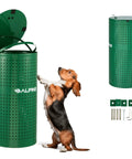 Weather Resistant Green Steel Dog Waste Station With 13.5 Gallon Capacity Outdoor Poop Trash Can For Parks Trails And Public Areas Built From Galvanized Steel With Rugged Powder Coat Finish That Keeps It Looking Sharp, side view with dog and installation parts