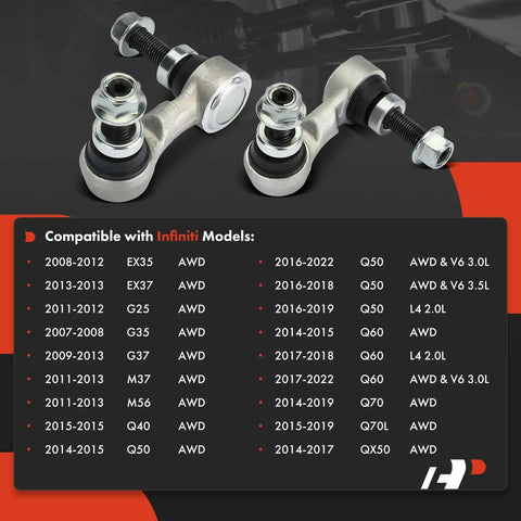 Front Sway Bar Link Kit For Infiniti Vehicles Set Of 2, shown with compatibility chart for G25 G35 G37 Q50 Q60 Q70 EX35 EX37 M37 M56 QX50 AWD