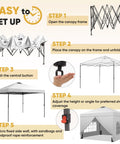 Diagram showing steps for setting up a 10x10 Pop Up Canopy Tent With Four Sidewalls One Push Setup for Quick No Tool Outdoor Shade.