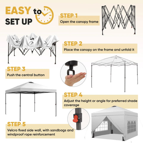 Diagram showing steps for setting up a 10x10 Pop Up Canopy Tent With Four Sidewalls One Push Setup for Quick No Tool Outdoor Shade.