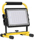 GoTo 60W LED Work Light Cordless Floodlight With 6000LM, black and yellow frame, adjustable stand, front view