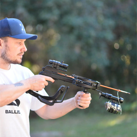 Man aiming Easy Install Folding Stock Crossbow Adapter For BAT And BAT Reverse Crossbow outdoors