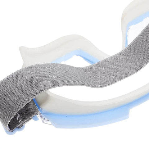Close-up of Heavy Duty Blue Safety Goggles With Anti Fog Ventilation And Side Shields showing soft gray strap and blue frames.