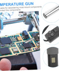 Close-up of 110V Portable Heat Gun For Desoldering And Soldering With Adjustable Air Flow And Temperature, used on PCB.