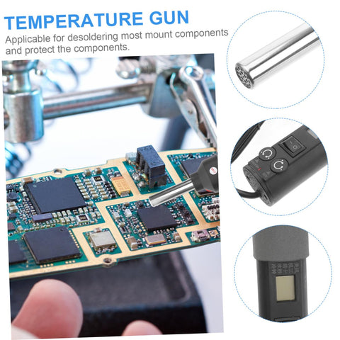 Close-up of 110V Portable Heat Gun For Desoldering And Soldering With Adjustable Air Flow And Temperature, used on PCB.