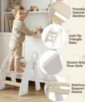 Kid Approved Step Stool For Toddlers And Kids With Adorable Elephant Handles Foldable Bathroom Counter Helper in use by a child reaching a shelf.
