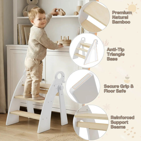 Kid Approved Step Stool For Toddlers And Kids With Adorable Elephant Handles Foldable Bathroom Counter Helper in use by a child reaching a shelf.