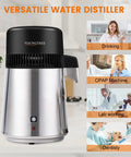 4L Countertop Water Distiller For Home Use, 1 Gallon Distilled Water Maker That Delivers Pure Water On Demand, UL Listed 750W Stainless Steel Unit With Glass Carafe For Easy Pouring featured with versatile uses in kitchen, lab, and dental settings.