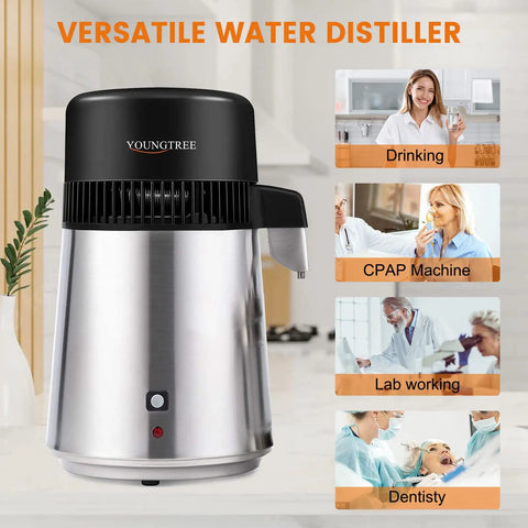 4L Countertop Water Distiller For Home Use, 1 Gallon Distilled Water Maker That Delivers Pure Water On Demand, UL Listed 750W Stainless Steel Unit With Glass Carafe For Easy Pouring featured with versatile uses in kitchen, lab, and dental settings.