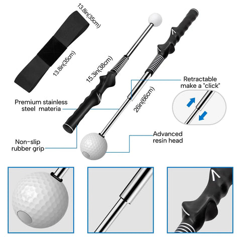 5 In 1 Retractable Golf Swing Trainer For Right Or Left Handed Players With Arm Band Included, showing stainless steel body and grip