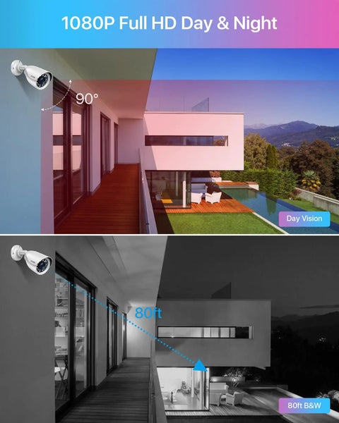 All In One Outdoor And Indoor 8 Channel Home Security System With 4 1080P Bullet Cameras showing day and night vision