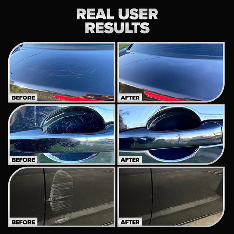 Before and after results using Ultimate Black Edition Car Scratch Repair Kit With Buffer Pad And Polishing Compound For Dark Color Rides