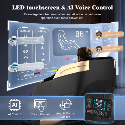 Person using 4D Full Body Massage Chair For Next Level Comfort With SL Track Shiatsu Zero Gravity Recliner AI Control