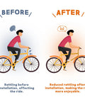 Illustration comparing bike rattling before and after using Internal Housing Damper Foam Sleeve For Bicycle Cables 63 Inch 6mm Foam Tube.