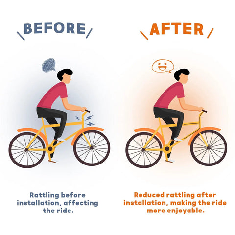 Illustration comparing bike rattling before and after using Internal Housing Damper Foam Sleeve For Bicycle Cables 63 Inch 6mm Foam Tube.
