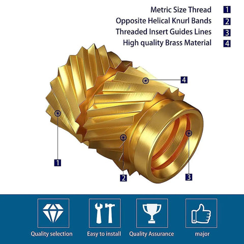 Grab This 330pcs Brass Threaded Insert Kit With Knurled Design showing helical knurl bands and brass material for DIY fixes.