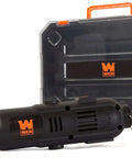 WEN 23103 1-Amp variable-speed rotary tool, side view; black body with orange WEN logo and carrying case in background.
