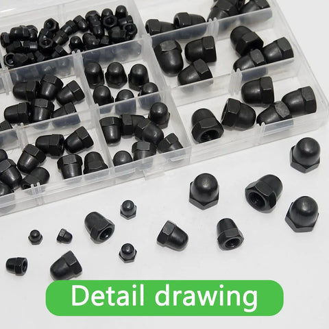 All In One Acorn Cap Nut Kit With M3 M4 M6 M8 Hex Dome Nuts Carbon Steel Decorative Bolt Covers displayed with storage case