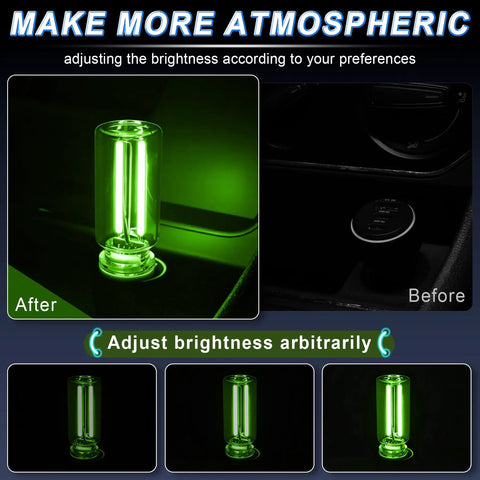 Two Pack Green USB Car Ambient LED Night Lights With Touch Dimmable Glass Bottle Design displayed in car interior