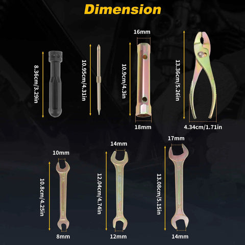 Dimensions of Motorcycle Repair Tool Kit Set with Dual Ended Screwdriver Spark Plug Socket Pliers M6 Hex Wrench and Dual Head Wrenches