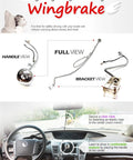 Wingbrake-V driver training brake system with handle and bracket; shown assembled and installed in a car