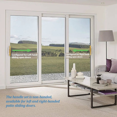 Sliding Glass Patio Door Handle Replacement Set With Oak Wood Inside Handles And Zinc Diecast Outside Pull, shown in a living room setting.