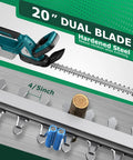 Cordless Hedge Trimmer With 20 Inch Dual Action Blade For Easy Shrub Pruning Works With 18V Battery Packs No Cord Lightweight Yet Powerful For Yard Garden Lawn Care Ideal For Landscaping Battery Not Included, showing hardened steel blade.