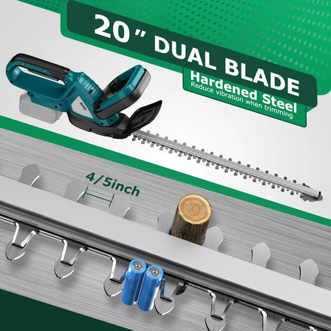 Cordless Hedge Trimmer With 20 Inch Dual Action Blade For Easy Shrub Pruning Works With 18V Battery Packs No Cord Lightweight Yet Powerful For Yard Garden Lawn Care Ideal For Landscaping Battery Not Included, showing hardened steel blade.
