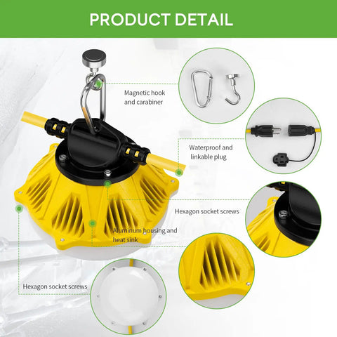 Aluminum Housing LED Construction String Lights 50 Ft 100W 10000 Lumens Work Light With 3-Prong Plug ETL Listed Temporary Job Site Lighting Portable And Extendable With Hooks On Each Lamp