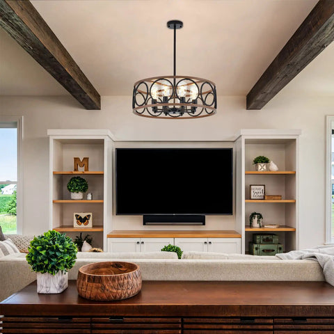 Rustic Black Wood Drum Chandelier With Eight Lights 23.25 Inch Diameter Modern Industrial Pendant Lighting in living room.