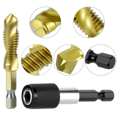 Close-up of 3 In 1 HSS Tap Bit Set 13 Piece SAE And Metric Combo Drill Tap Bits For Drilling, Tapping, And Countersinking Kit