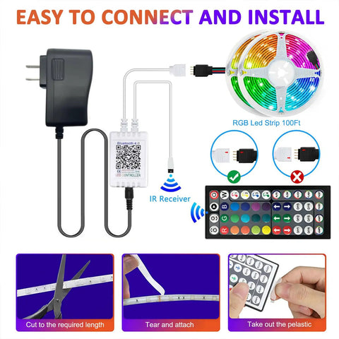 100ft LED Strip Lights For Bedroom And Living Room With App Control And Music Sync RGB Color Changing LEDs Remote For Party Vibe