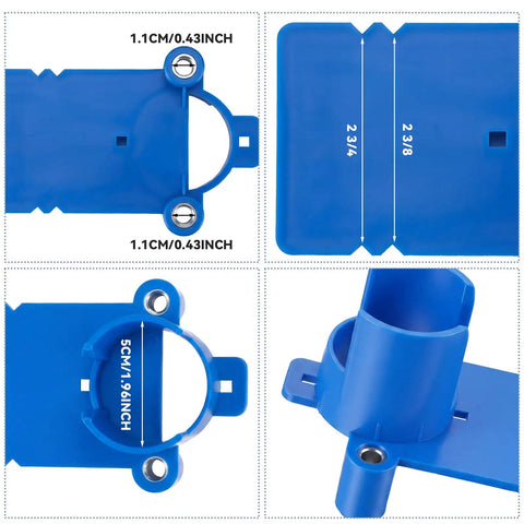2 Piece Blue Lock Boring Jig Kit Hella Sturdy Metal Core With Heavy Duty Plastic Frame For Zero Grind Pre Drilled Door Alignment close-up of measurements and features