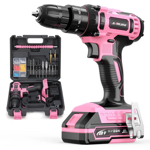 20V Cordless Drill Kit With Battery Charger And Carrying Case Three Eighth Inch Keyless Chuck Two Speed Settings 18 Plus 3 Torque 72 Piece Driver Bits Belt Hook Pink Color For Quick Pro Grade Projects