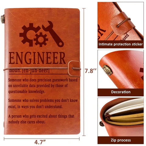 Mechanical Engineer Gifts Leather Journal Notebook With Premium Leather Cover For Engineers, A6 size, brown with design details