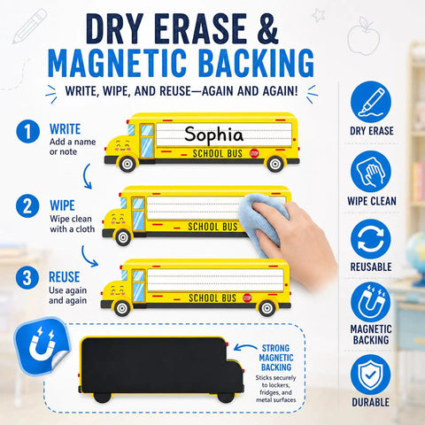 School Bus Magnetic Name Tags Set With Sixty Reusable Dry Erase Labels For Desks Lockers Whiteboards And Classrooms Kid Friendly Magnetic Name Plates For Teachers And Students Durable Easy Erase