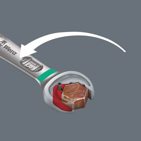 Close-up of Joker 4pc Metric Ratcheting Combination Wrench Set with secure jaw showing hex grip detail on a bolt.