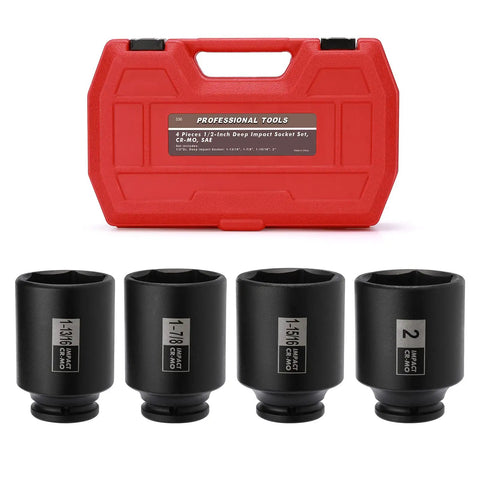 Beefy 4 Piece 1/2 Inch Drive Deep Impact Socket Set 6 Point CR-MO Chrome Moly with laser size markings and red carrying case