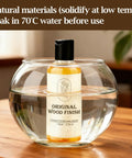 Premium Linseed Oil And Beeswax Wood Finish Sets Fast For A Killer Protective Seal in a glass bowl, 130ml bottle soaking.