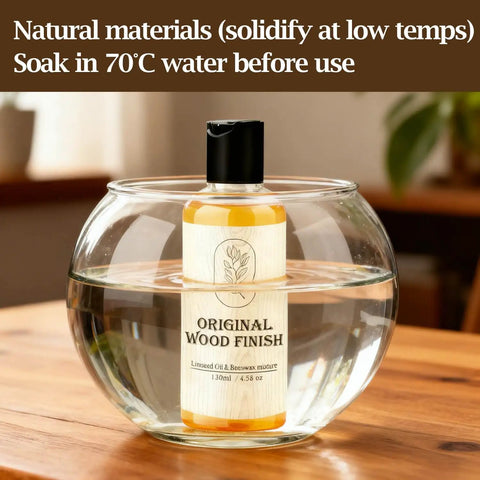 Premium Linseed Oil And Beeswax Wood Finish Sets Fast For A Killer Protective Seal in a glass bowl, 130ml bottle soaking.