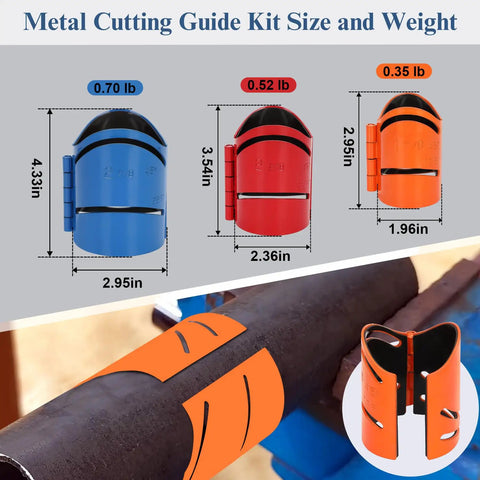 Pro Grade Magnetic Metal Pipe Cutting Guide Kit with 1-7/8, 2-3/8, 2-7/8 inch sizes for precision cuts shown in blue, red, orange.