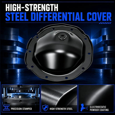 Rear Differential Cover With Gasket For Chevy GMC Sierra Tahoe Yukon Blazer Jimmy S10 Sonoma Suburban C1500 K1500 1998 2008 Models Heavy Duty Steel Construction Direct Bolt On Upgrade Kit, black steel cover