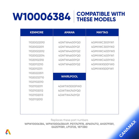 Solid Heavy Duty Washer Drive Belt W10006384 compatibility chart for Whirlpool, Kenmore, Amana, and Maytag models.