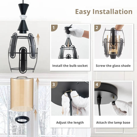 Installation steps for three light industrial pendant lights with amber glass shades and adjustable cords in black metal cage.
