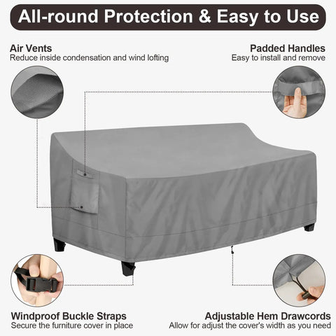 Diagram showing Outdoor Couch Cover For 3-Seater Sofa, Waterproof Patio Furniture Cover With Air Vent And Handles, Gray, UV resistant.
