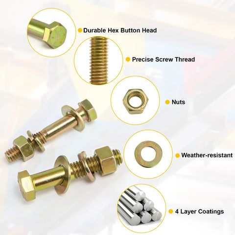 SAE Grade 8 Bolt And Nut Kit With Washers, Yellow Zinc Plated Alloy Steel Hex Cap Screws, Close-up View, Auto Repair Tools