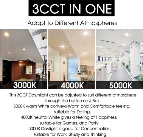3CCT lighting options for 6 Inch 3CCT Ultra-Thin LED Recessed Ceiling Light With Junction Box, 3000K 4000K 5000K Selectable