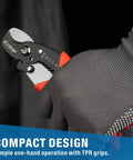 2 In 1 Wire Stripper And Cable Cutter in gloved hand, featuring rust resistant finish and TPR grip