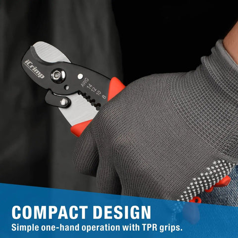 2 In 1 Wire Stripper And Cable Cutter in gloved hand, featuring rust resistant finish and TPR grip